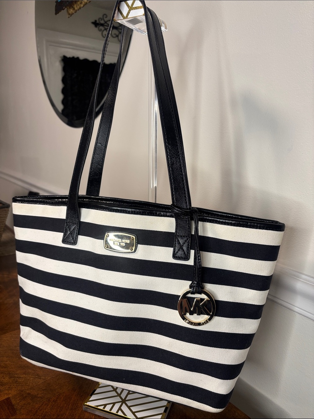 Michael Kors Black and White Striped Canvas Tote with Silver MK Charm - Picture 3 of 16
